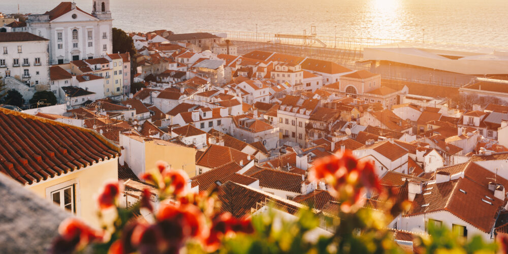 Sunrise Over Lisbon Old Town Alfama Portugal. Lisbon Golden Ho
