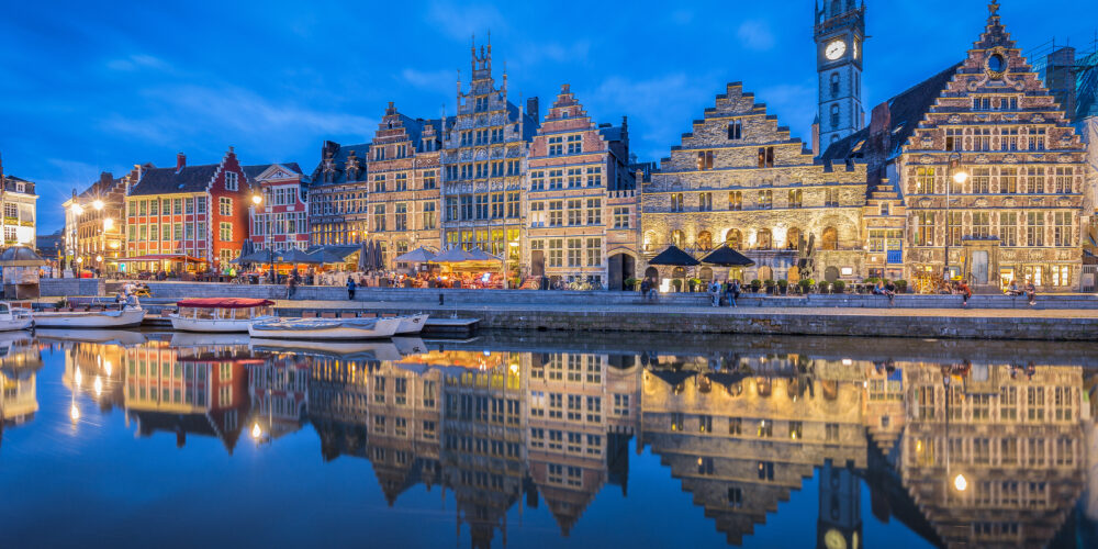 Panoramic View Of Famous Graslei In The Historic City Center Of