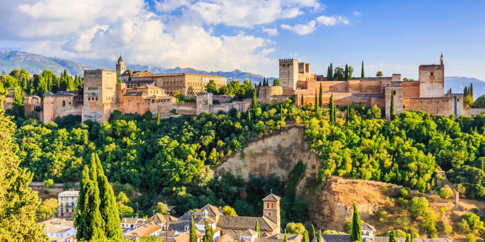 Alhambra of Granada Spain. Alhambra fortress at sunset.