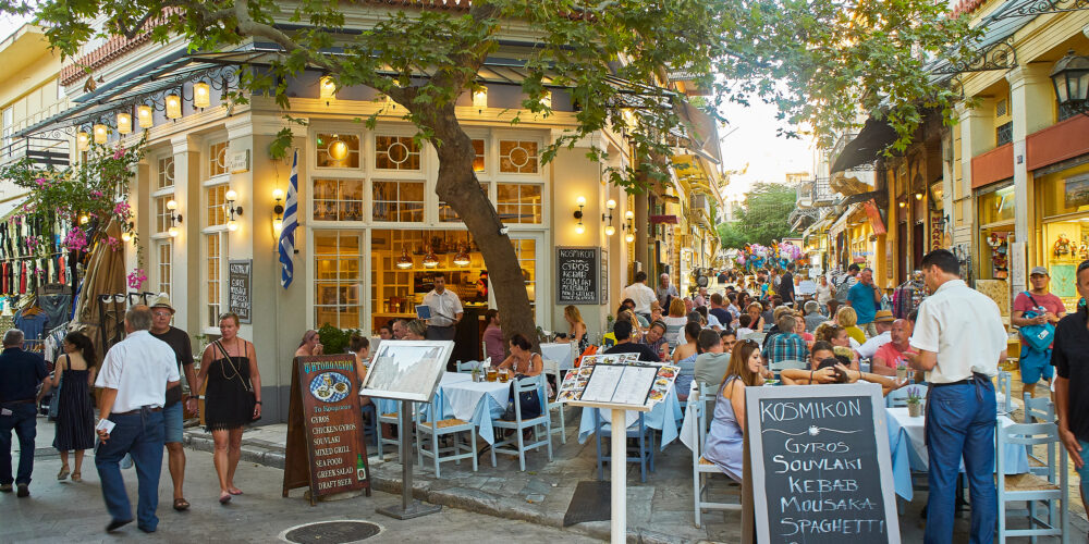 Athens, Greece June 30, 2018. A Terrace Of A Greek Restaurant
