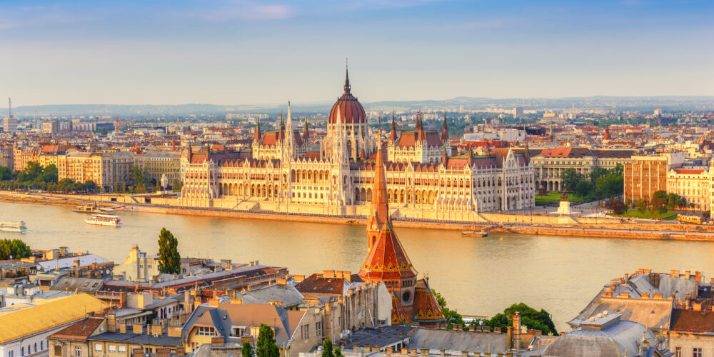 Budapest City Skyline At Hungalian Parliament And Danube River,
